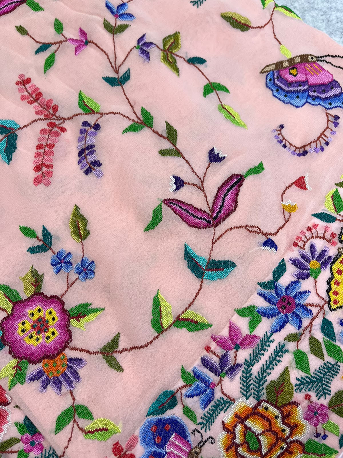 Peach Pink Hand Embroidered Parsi Gara Georgette Petit Point Flower and Bird Design Saree