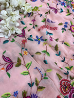 Peach Pink Hand Embroidered Parsi Gara Georgette Petit Point Flower and Bird Design Saree