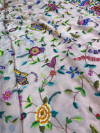 Peach Pink Hand Embroidered Parsi Gara Georgette Petit Point Flower and Bird Design Saree