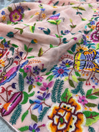 Peach Pink Hand Embroidered Parsi Gara Georgette Petit Point Flower and Bird Design Saree