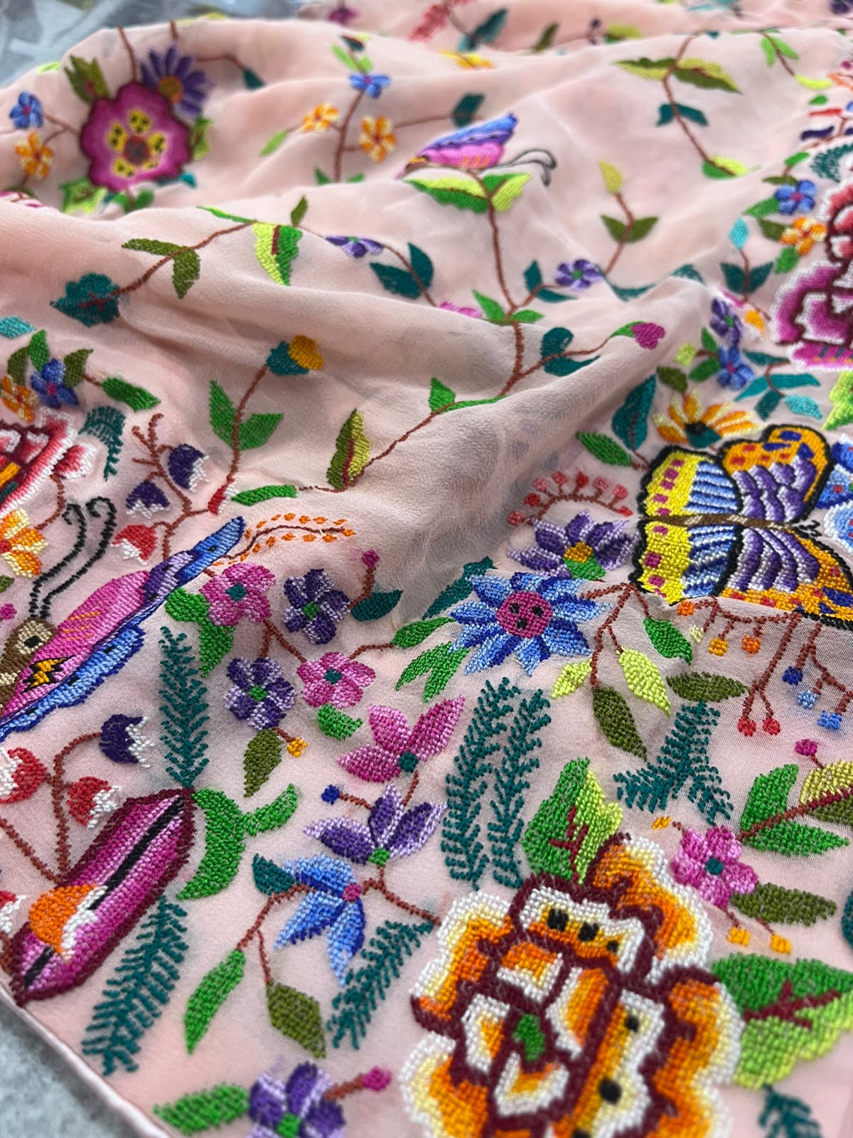 Peach Pink Hand Embroidered Parsi Gara Georgette Petit Point Flower and Bird Design Saree