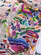 Peach Pink Hand Embroidered Parsi Gara Georgette Petit Point Flower and Bird Design Saree