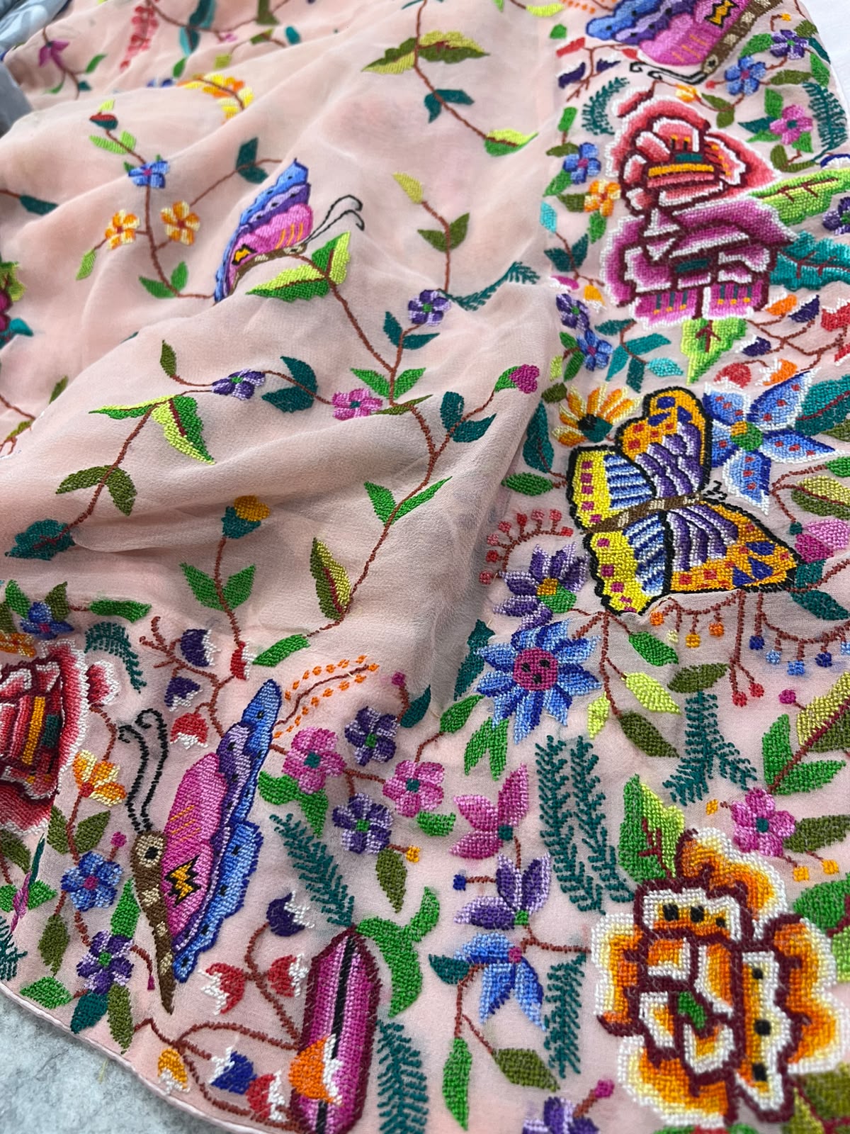 Peach Pink Hand Embroidered Parsi Gara Georgette Petit Point Flower and Bird Design Saree