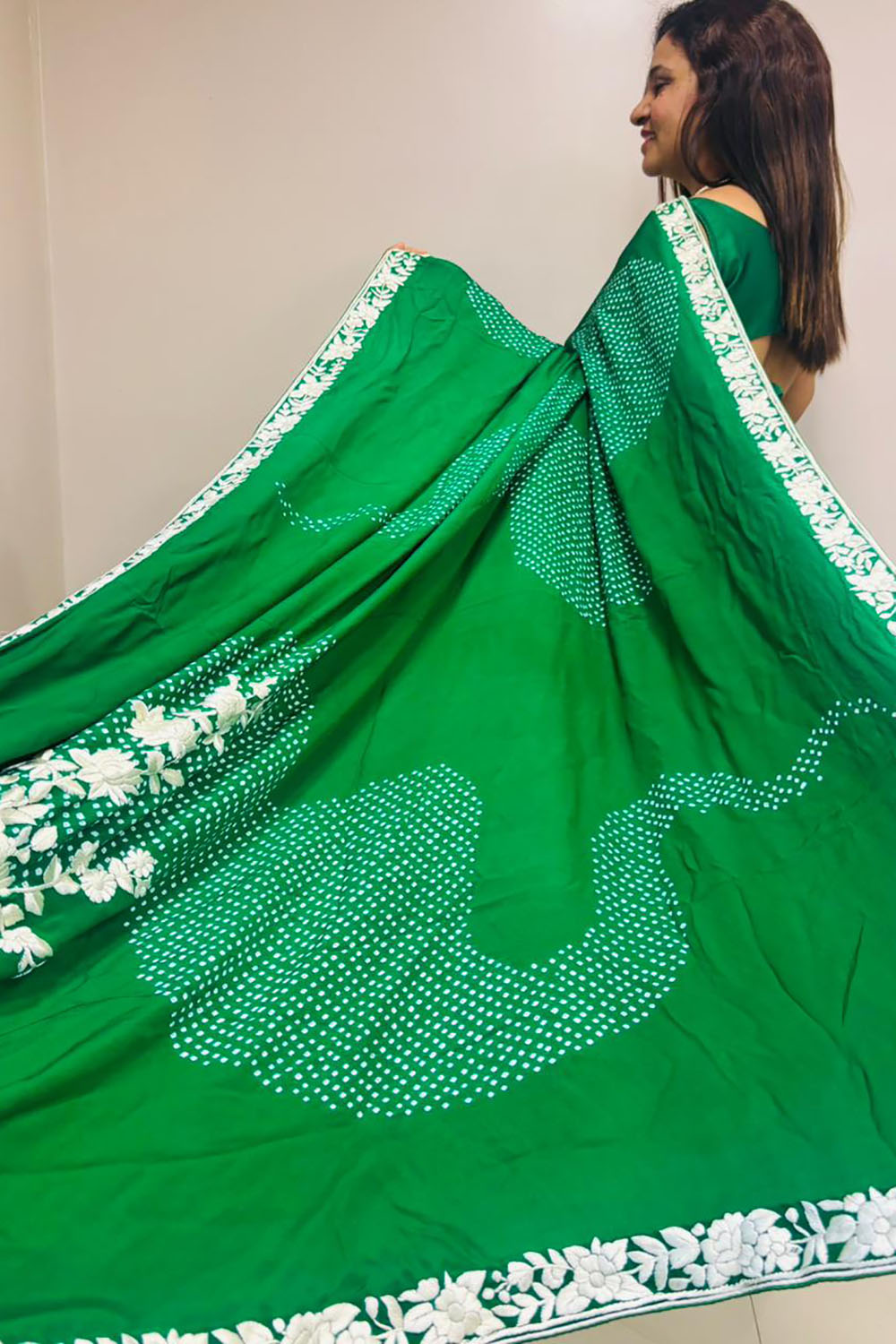 Green Hand Embroidered Parsi Gara Crepe Hand Bandhej Saree - Luxurion World