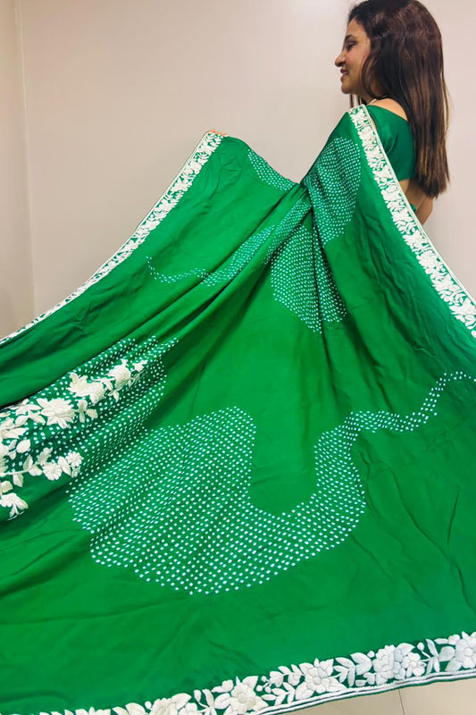 Green Hand Embroidered Parsi Gara Crepe Hand Bandhej Saree - Luxurion World