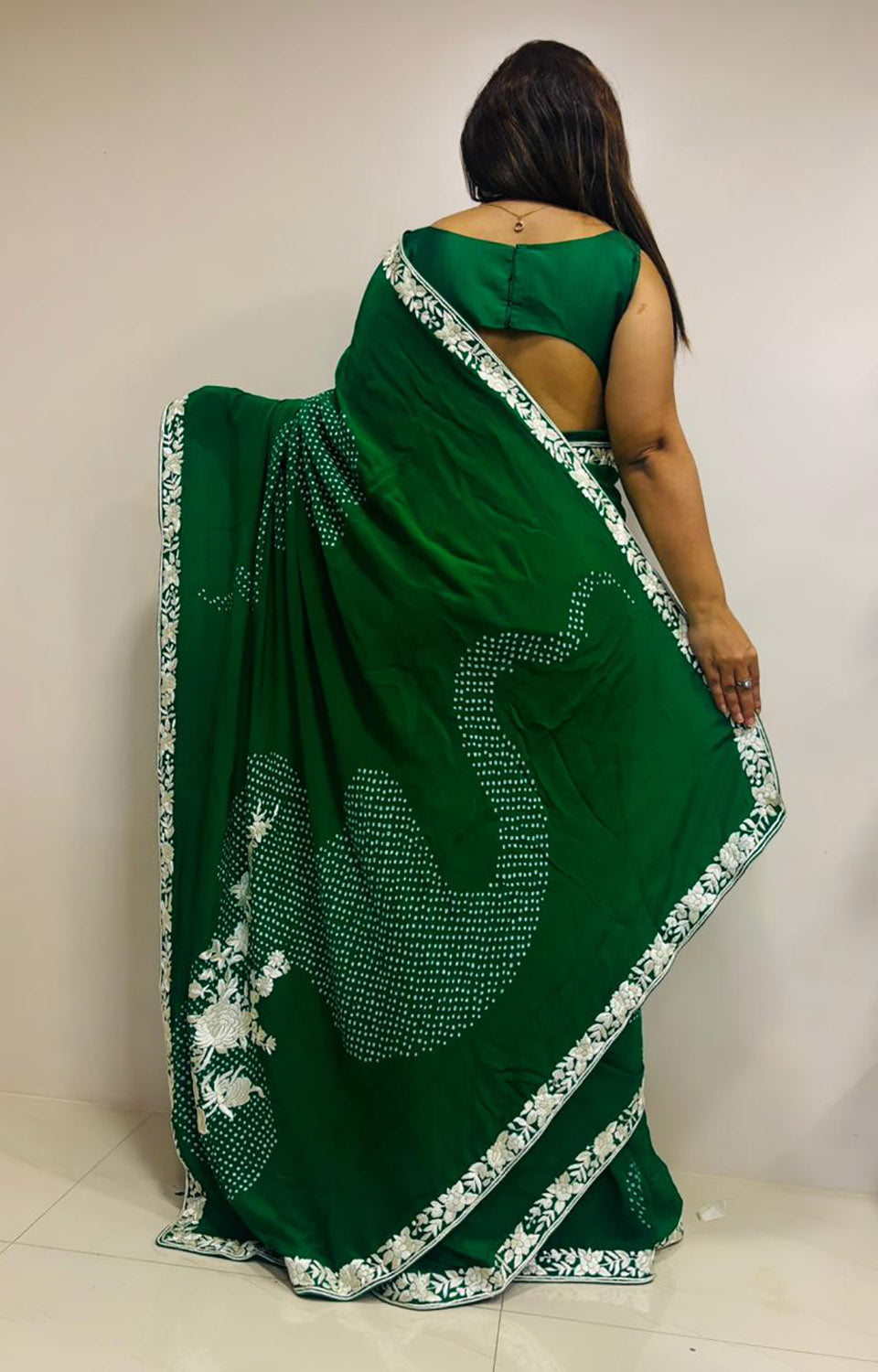 Green Hand Embroidered Parsi Gara Crepe Hand Bandhej Saree - Luxurion World