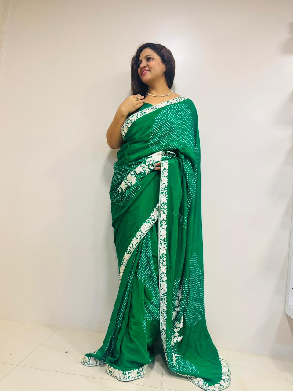 Green Hand Embroidered Parsi Gara Crepe Hand Bandhej Saree - Luxurion World