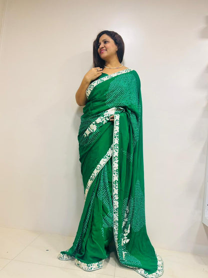 Green Hand Embroidered Parsi Gara Crepe Hand Bandhej Saree - Luxurion World