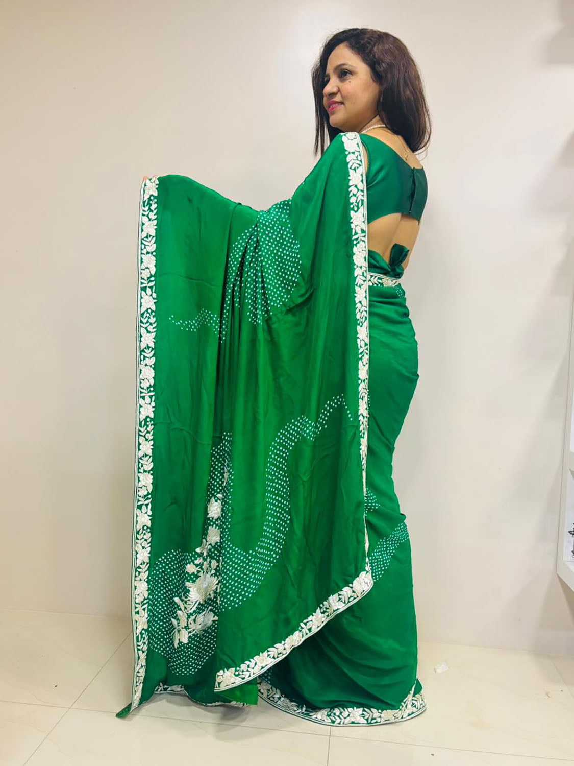 Green Hand Embroidered Parsi Gara Crepe Hand Bandhej Saree - Luxurion World