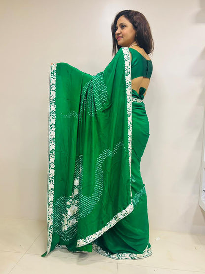 Green Hand Embroidered Parsi Gara Crepe Hand Bandhej Saree - Luxurion World