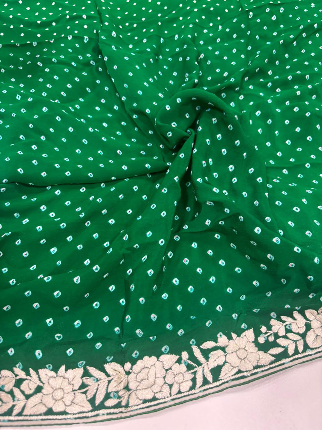 Green Hand Embroidered Parsi Gara Crepe Hand Bandhej Saree - Luxurion World