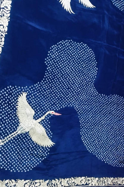 Exquisite Blue Hand Embroidered Parsi Gara Crepe Hand Bandhej Saree - Luxurion World