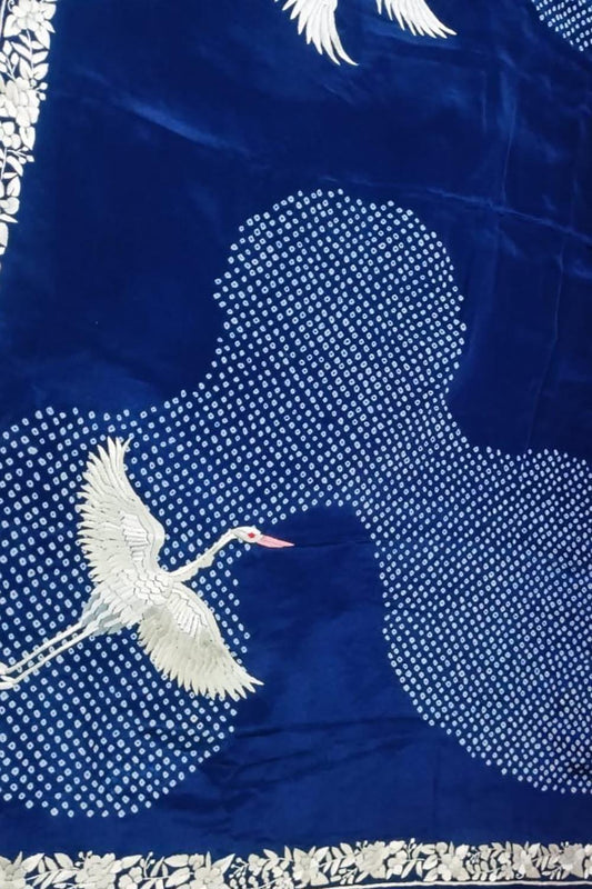 Exquisite Blue Hand Embroidered Parsi Gara Crepe Hand Bandhej Saree - Luxurion World