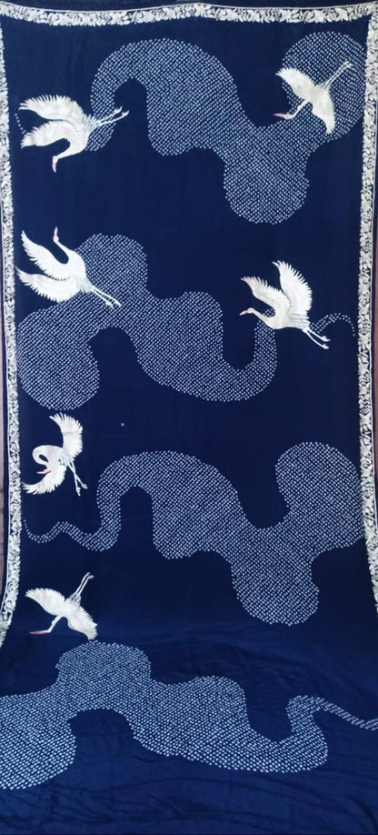 Exquisite Blue Hand Embroidered Parsi Gara Crepe Hand Bandhej Saree - Luxurion World