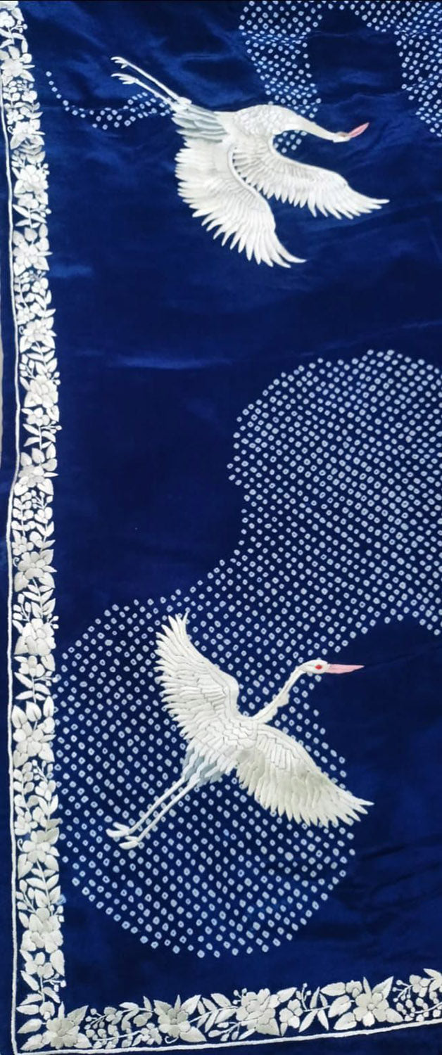 Exquisite Blue Hand Embroidered Parsi Gara Crepe Hand Bandhej Saree - Luxurion World