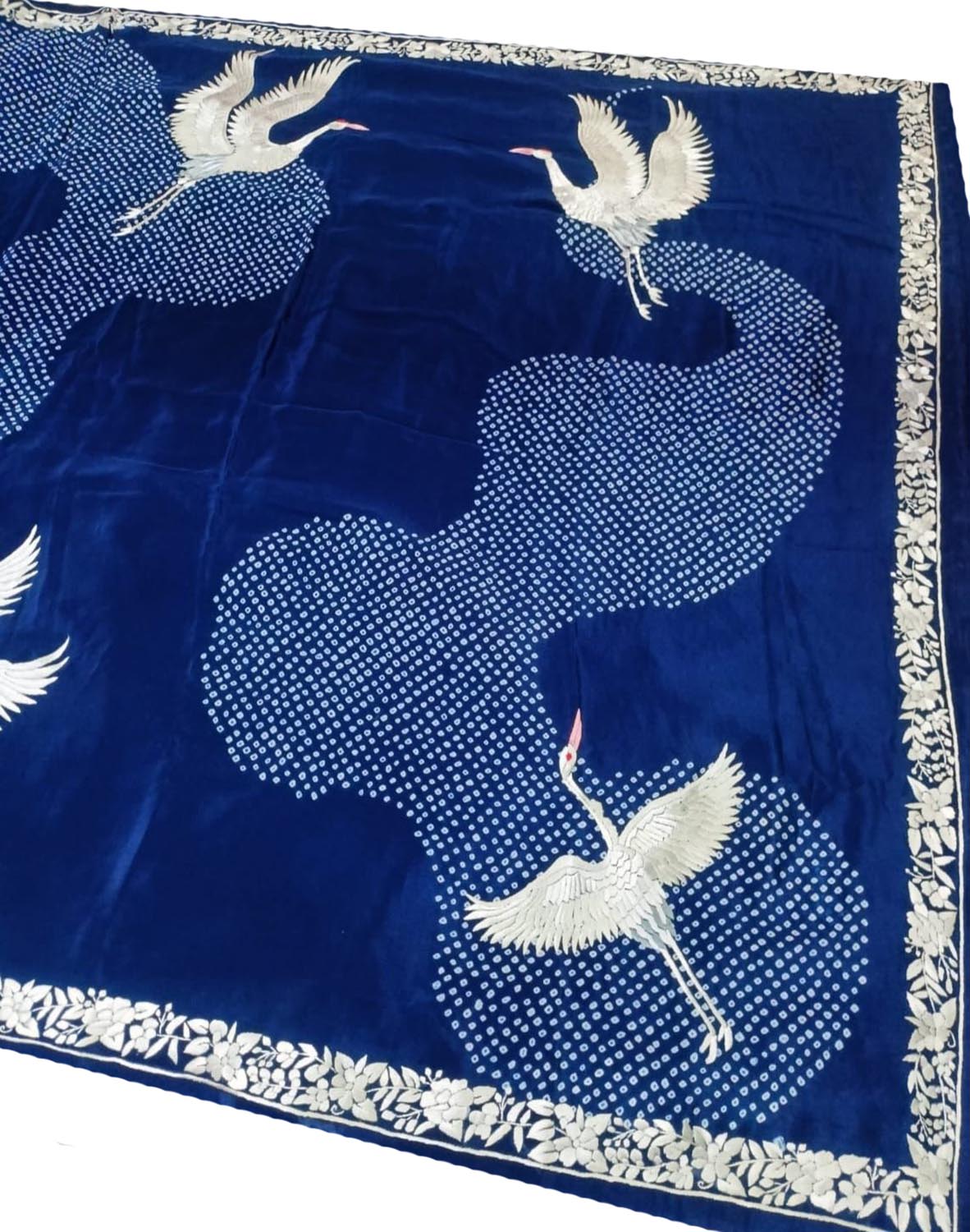 Exquisite Blue Hand Embroidered Parsi Gara Crepe Hand Bandhej Saree - Luxurion World