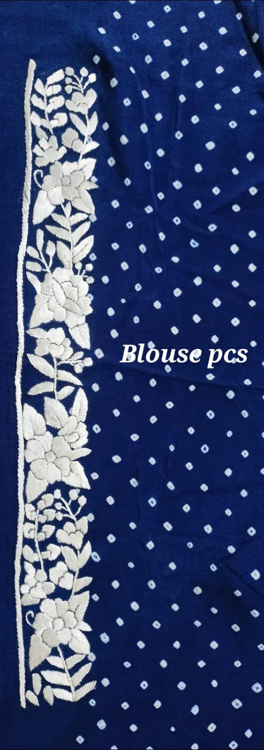 Exquisite Blue Hand Embroidered Parsi Gara Crepe Hand Bandhej Saree - Luxurion World