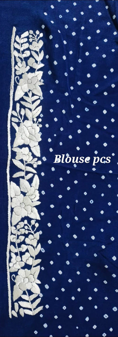 Exquisite Blue Hand Embroidered Parsi Gara Crepe Hand Bandhej Saree - Luxurion World