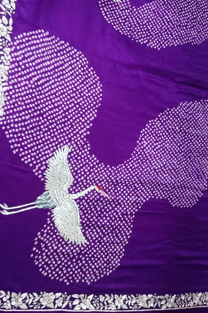 Purple Hand Embroidered Parsi Gara Crepe Hand Bandhej Saree - Luxurion World