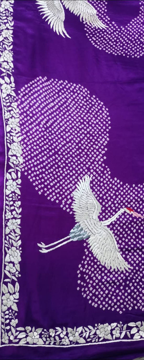 Purple Hand Embroidered Parsi Gara Crepe Hand Bandhej Saree - Luxurion World