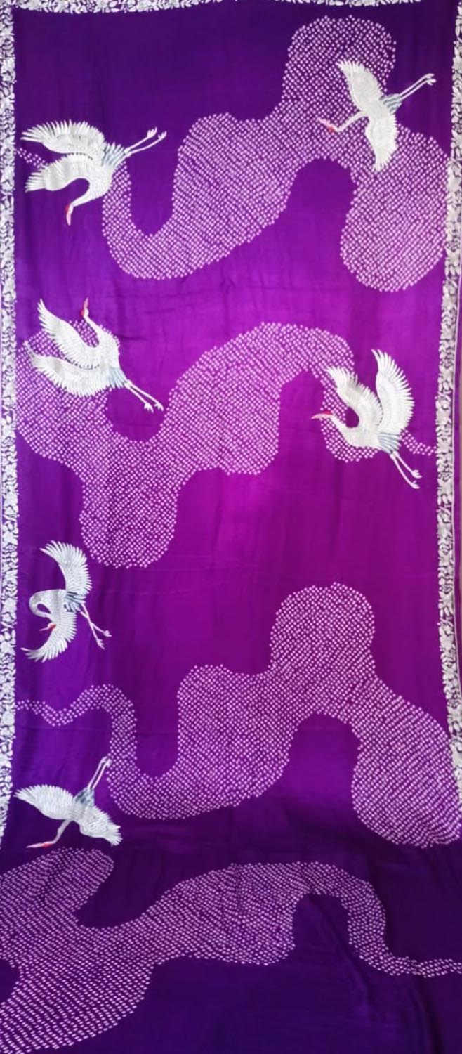 Purple Hand Embroidered Parsi Gara Crepe Hand Bandhej Saree - Luxurion World