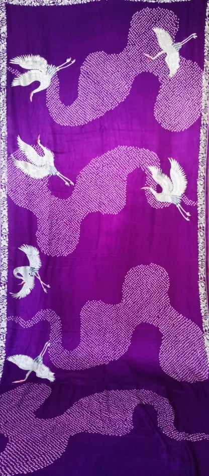 Purple Hand Embroidered Parsi Gara Crepe Hand Bandhej Saree - Luxurion World