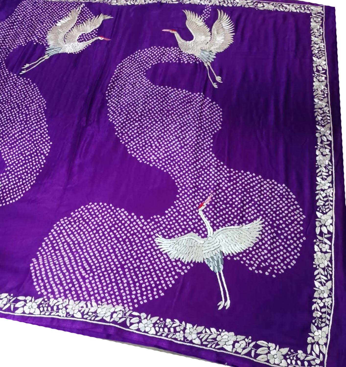 Purple Hand Embroidered Parsi Gara Crepe Hand Bandhej Saree - Luxurion World