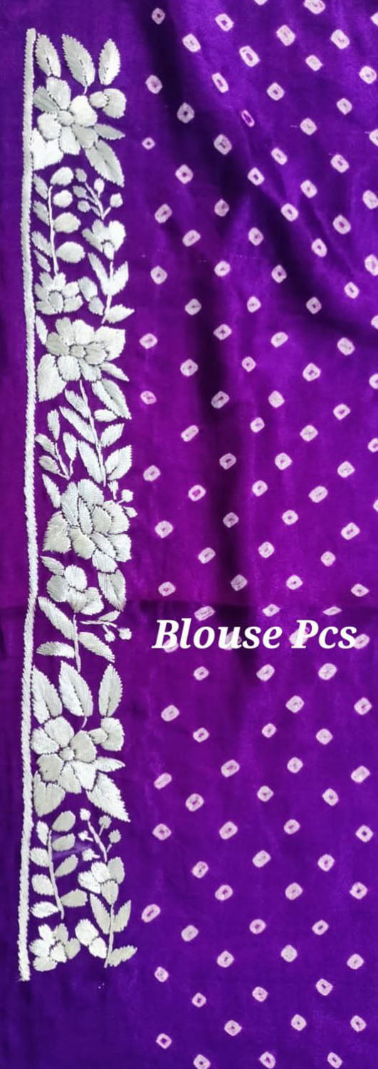 Purple Hand Embroidered Parsi Gara Crepe Hand Bandhej Saree - Luxurion World