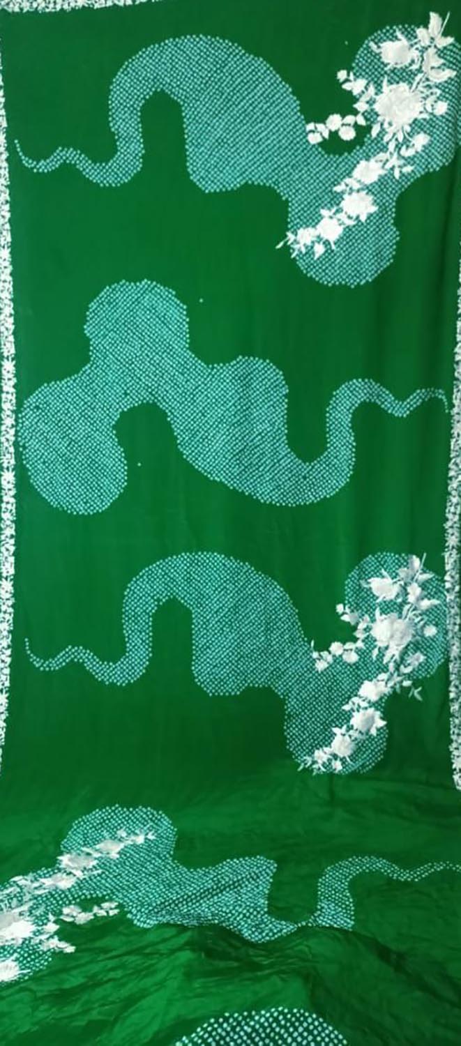 Exquisite Green Hand Embroidered Parsi Gara Crepe Hand Bandhej Saree - Luxurion World