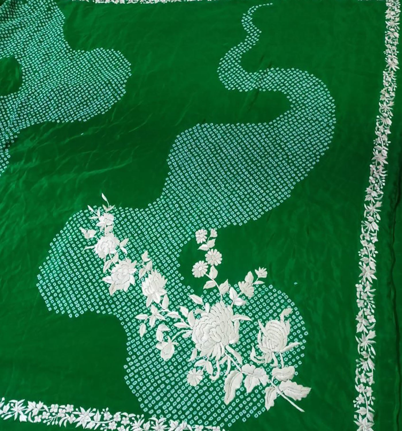 Exquisite Green Hand Embroidered Parsi Gara Crepe Hand Bandhej Saree - Luxurion World