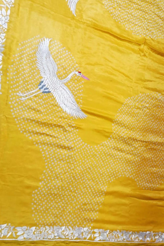 Yellow Hand Embroidered Parsi Gara Crepe Hand Bandhej Saree - Luxurion World