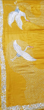 Yellow Hand Embroidered Parsi Gara Crepe Hand Bandhej Saree - Luxurion World