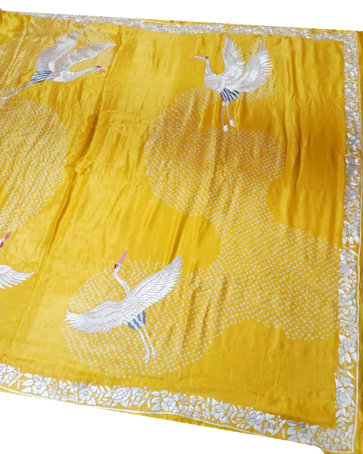Yellow Hand Embroidered Parsi Gara Crepe Hand Bandhej Saree - Luxurion World