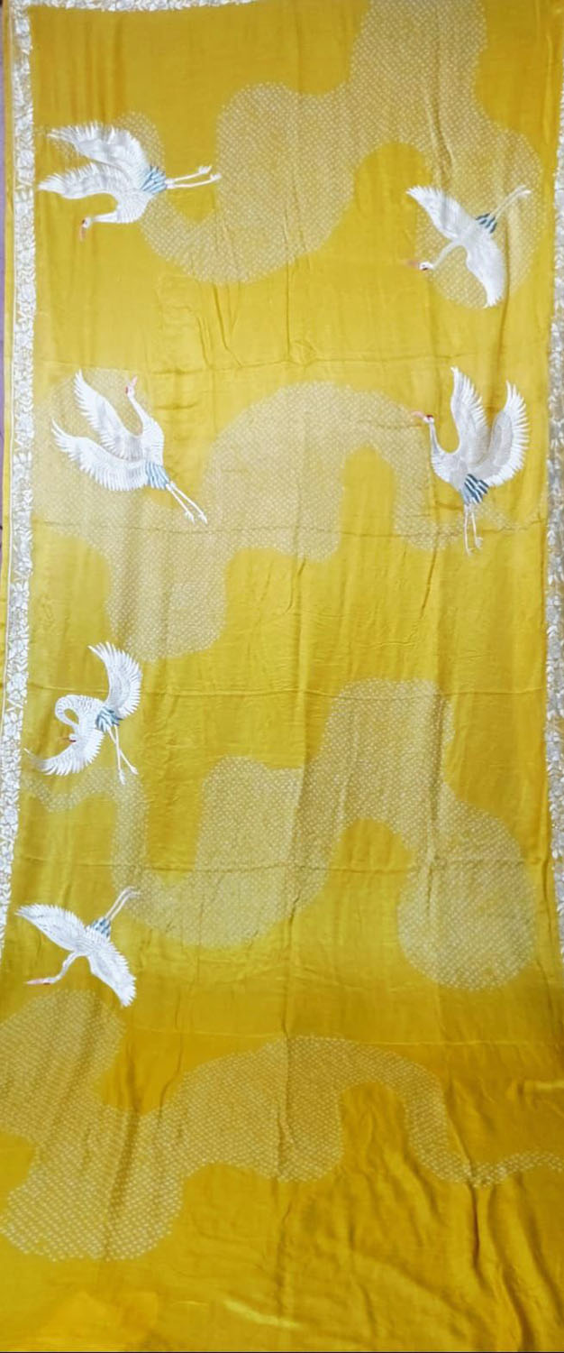 Yellow Hand Embroidered Parsi Gara Crepe Hand Bandhej Saree - Luxurion World