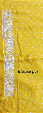 Yellow Hand Embroidered Parsi Gara Crepe Hand Bandhej Saree - Luxurion World