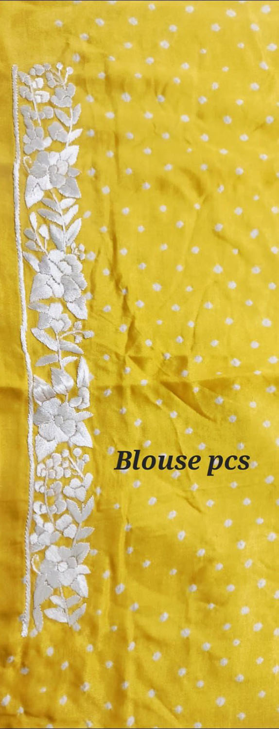 Yellow Hand Embroidered Parsi Gara Crepe Hand Bandhej Saree - Luxurion World