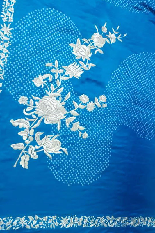 Elegant Blue Hand Embroidered Parsi Gara Crepe Hand Bandhej Saree - Luxurion World