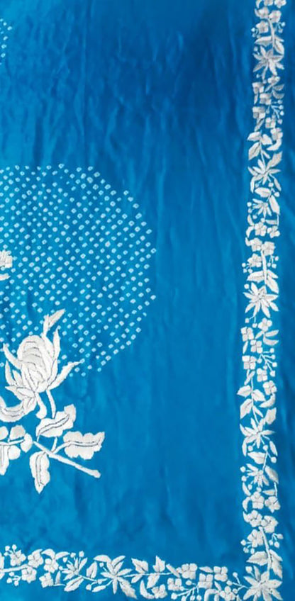 Elegant Blue Hand Embroidered Parsi Gara Crepe Hand Bandhej Saree - Luxurion World