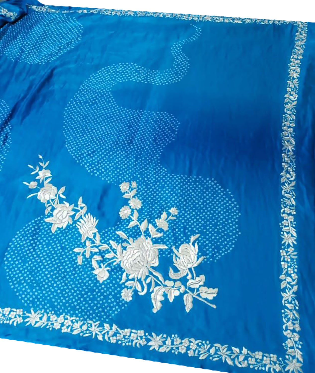 Elegant Blue Hand Embroidered Parsi Gara Crepe Hand Bandhej Saree - Luxurion World