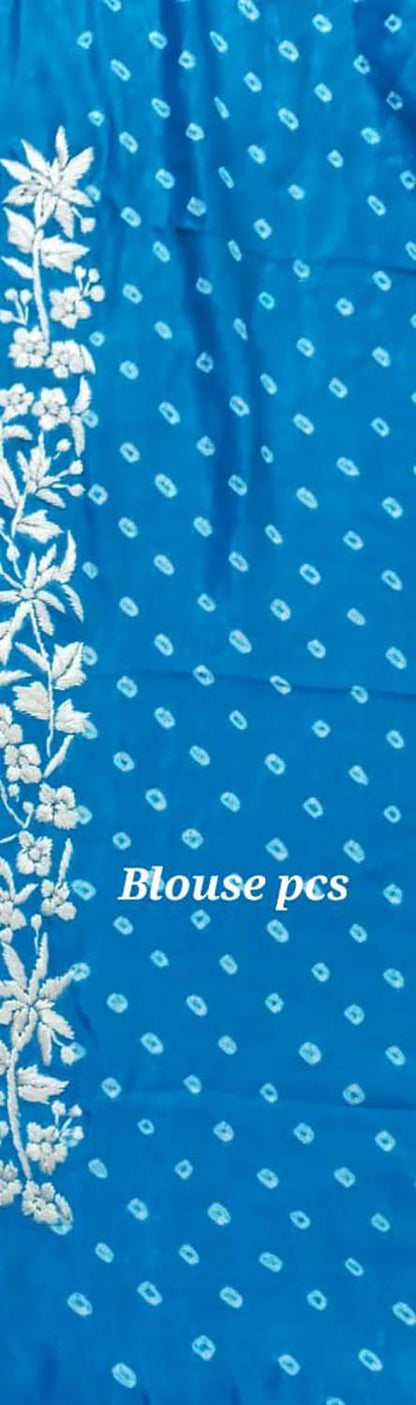Elegant Blue Hand Embroidered Parsi Gara Crepe Hand Bandhej Saree - Luxurion World
