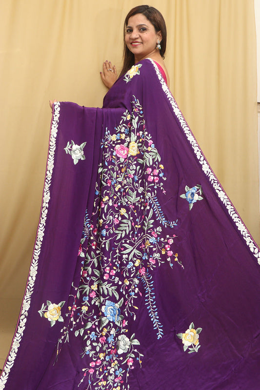 Purple Hand Embroidered Parsi Gara Pure Satin Crepe Silk Flower Design Saree - Luxurion World