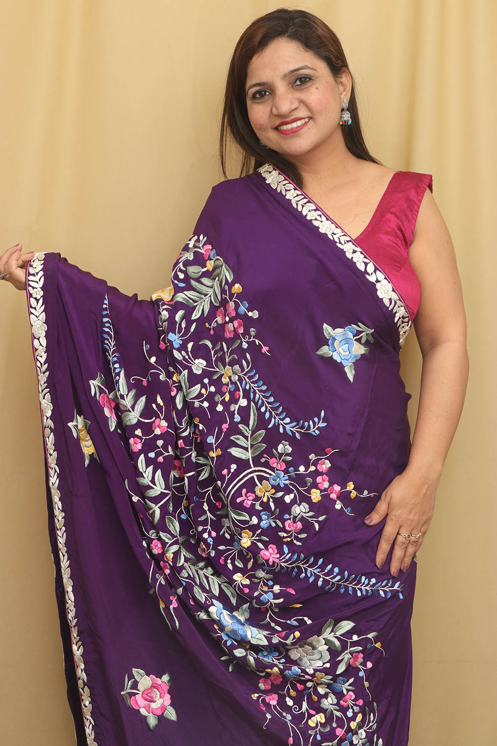 Purple Hand Embroidered Parsi Gara Pure Satin Crepe Silk Flower Design Saree - Luxurion World