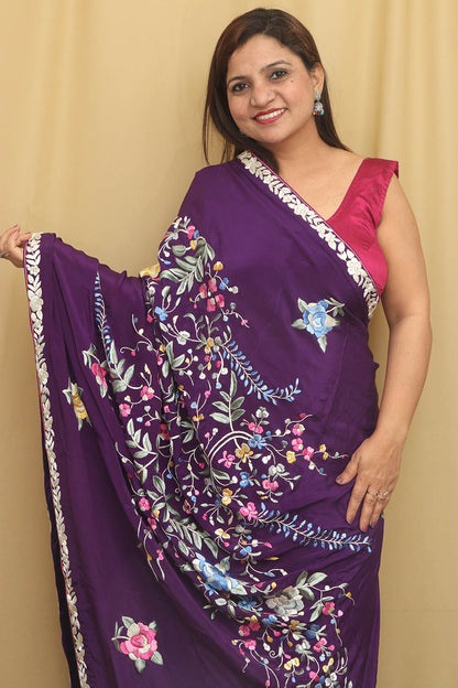 Purple Hand Embroidered Parsi Gara Pure Satin Crepe Silk Flower Design Saree - Luxurion World