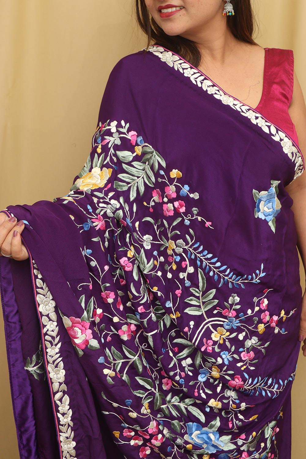 Purple Hand Embroidered Parsi Gara Pure Satin Crepe Silk Flower Design Saree - Luxurion World