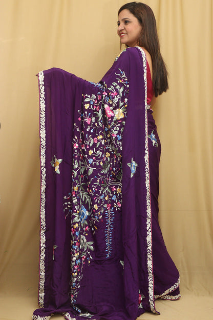 Purple Hand Embroidered Parsi Gara Pure Satin Crepe Silk Flower Design Saree - Luxurion World