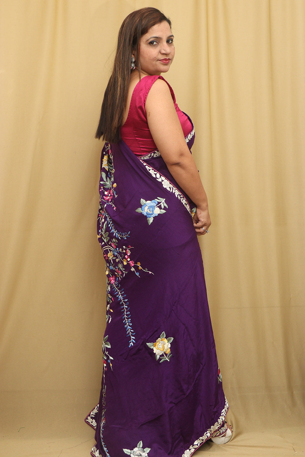 Purple Hand Embroidered Parsi Gara Pure Satin Crepe Silk Flower Design Saree - Luxurion World