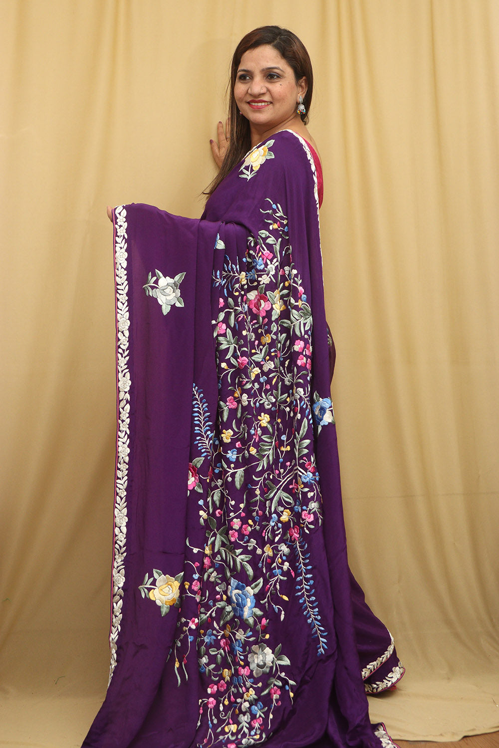 Purple Hand Embroidered Parsi Gara Pure Satin Crepe Silk Flower Design Saree - Luxurion World