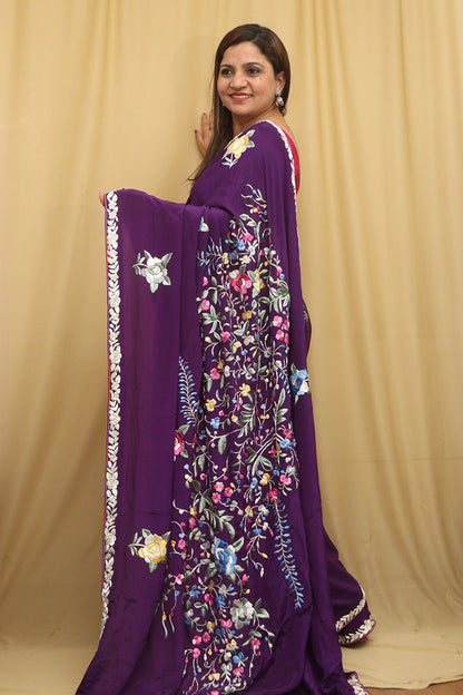 Purple Hand Embroidered Parsi Gara Pure Satin Crepe Silk Flower Design Saree - Luxurion World