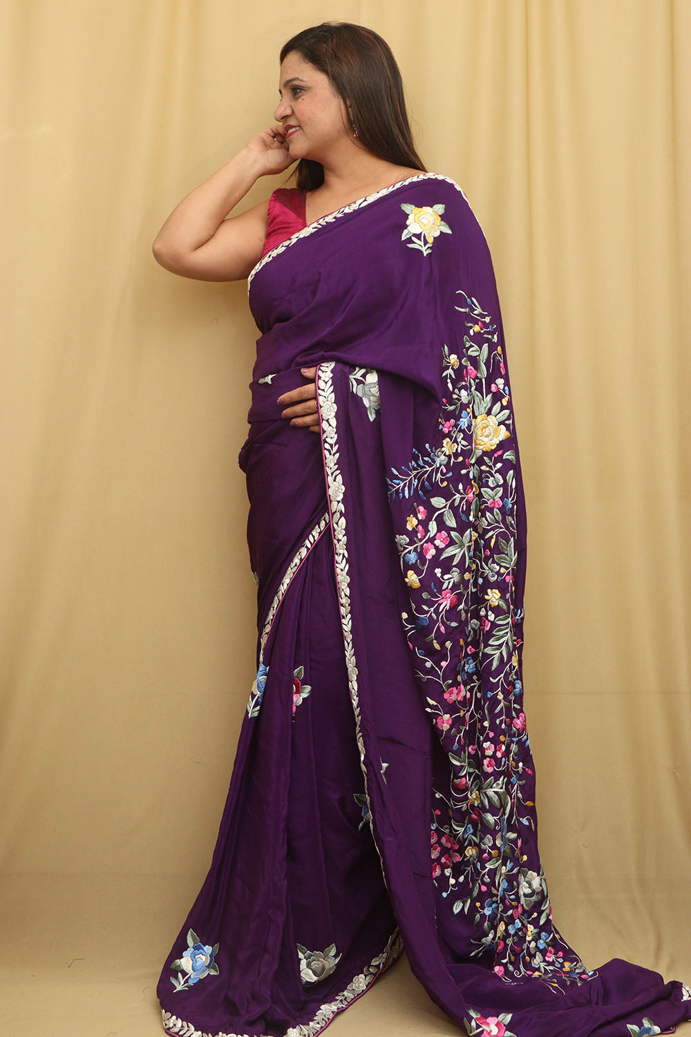 Purple Hand Embroidered Parsi Gara Pure Satin Crepe Silk Flower Design Saree - Luxurion World