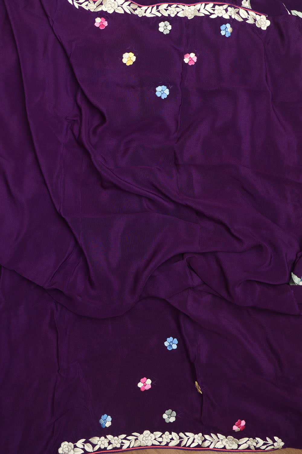 Purple Hand Embroidered Parsi Gara Pure Satin Crepe Silk Flower Design Saree - Luxurion World